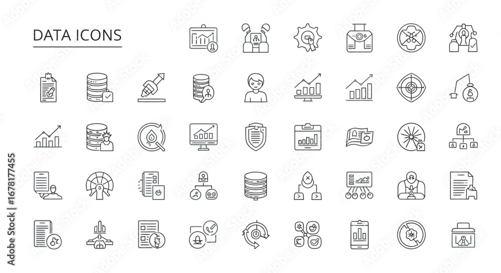 Poster collection of data symbols representing information management and analysis with a clean and modern 