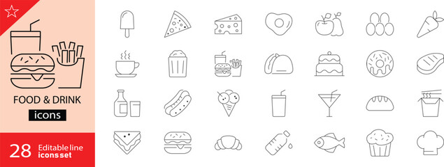 Food and Drinks icons set. Includes icons for meal, snack, , fruits, vegetables, cooking, plate, drink, restaurant, and nutrition. Line icons. Editable stroke. Perfect for infographics. 