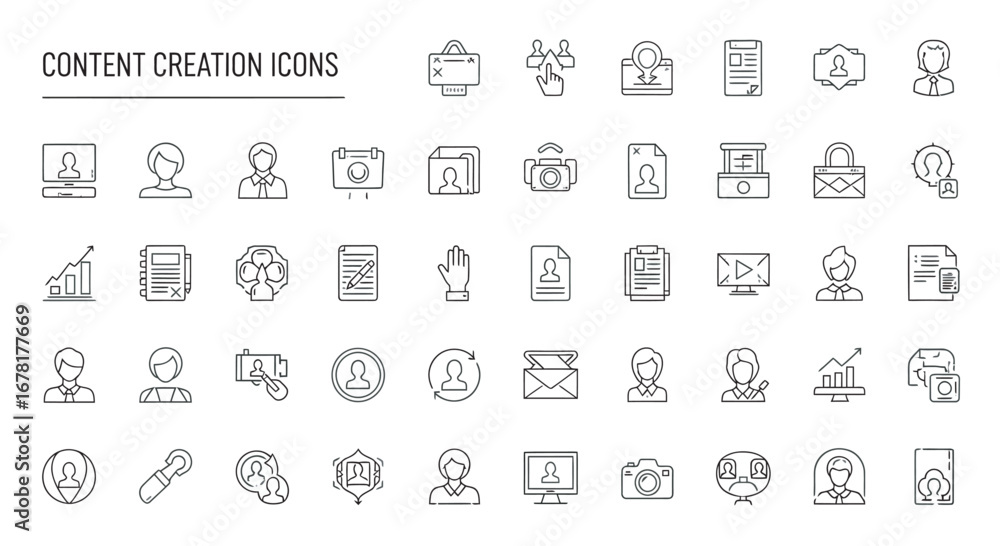 Poster thin line content creation icons representing various digital marketing and media production tasks o