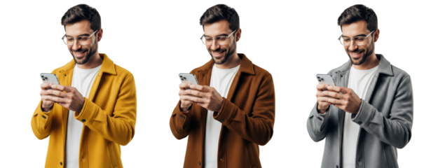 Collection of young handsome men wearing jacket, smiling and using smartphone. isolated on a white background or transparent