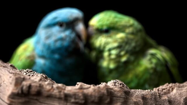 Two parakeets tenderly feeding each other in a close up shot