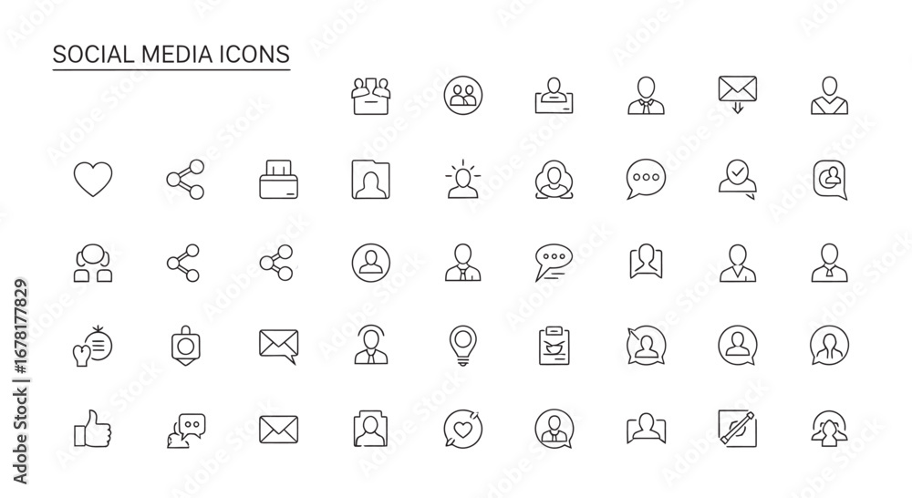 Poster collection of social media symbols representing communication and networking on a clean white surfac