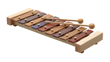 Naklejka premium Colorful wooden xylophone with mallets, suitable for music enthusiasts, education, or decoration.