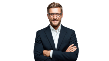 Confident businessman in a suit, smiling with arms crossed, isolated on a white background.