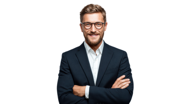 Confident businessman in a suit, smiling with arms crossed, isolated on a white background.