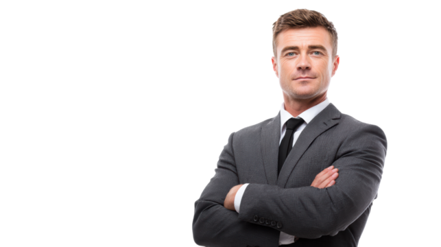 Confident businessman in a suit with arms crossed, isolated on a white background.