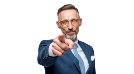 Confident businessman pointing forward, looking serious, professional suit, isolated on white background.
