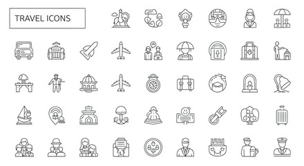 Outline travel symbols representing tourism and vacation activities in a minimalist style, ideal for web and mobile applications, conveying simplicity and modernity.