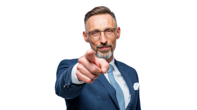 Confident businessman pointing forward, looking serious, professional suit, isolated on white background. - Powered by Adobe