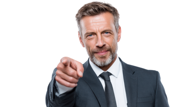 Confident businessman pointing towards the viewer in a black suit and tie, isolated on white background. - Powered by Adobe