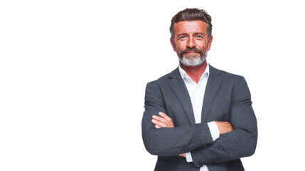 Confident businessman with crossed arms, wearing a suit against a white isolated background.