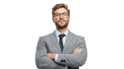 Confident businessman with glasses, arms crossed, smiling, white isolate background.