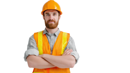 Confident construction worker in safety gear with arms crossed, isolated on a white background.