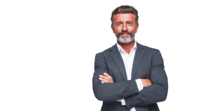 Confident businessman with crossed arms, wearing a suit against a white isolated background.