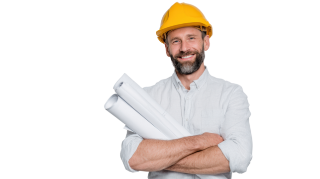 Confident construction worker holding blueprints, smiling in a hard hat, isolated on white background.