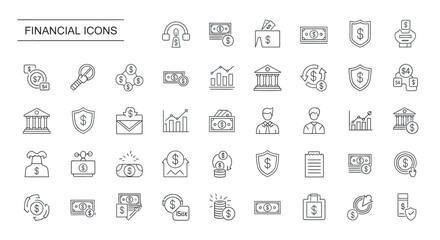 Collection of financial symbols representing banking, investment, and currency exchange in a clean, minimalist style, perfect for modern business applications.