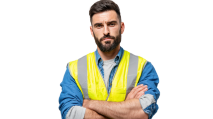 Confident male construction worker with arms crossed, wearing safety vest, isolated on white background.