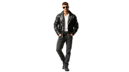 Confident man in a black leather jacket against white background.