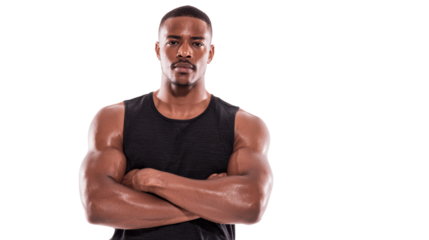 Confident man with muscular arms, arms crossed, wearing black tank top, looking directly at the camera.