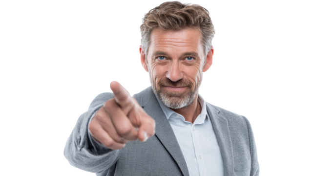 Confident man pointing forward, wearing a gray jacket against a white background.