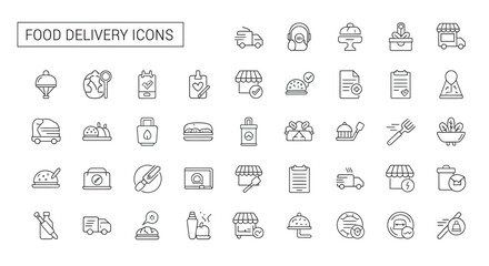 Outline style food delivery elements representing various aspects of service and cuisine on white, conveying simplicity and modern convenience.