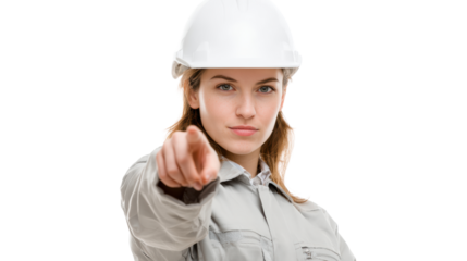 Confident woman in a hard hat pointing directly at the viewer against a white isolated background.