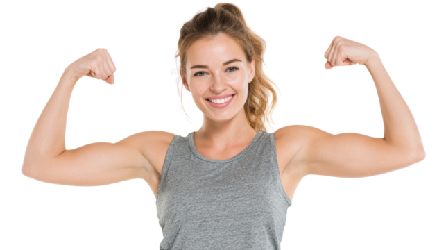 Confident woman flexing her biceps, smiling, in athletic wear, demonstrating strength and empowerment.