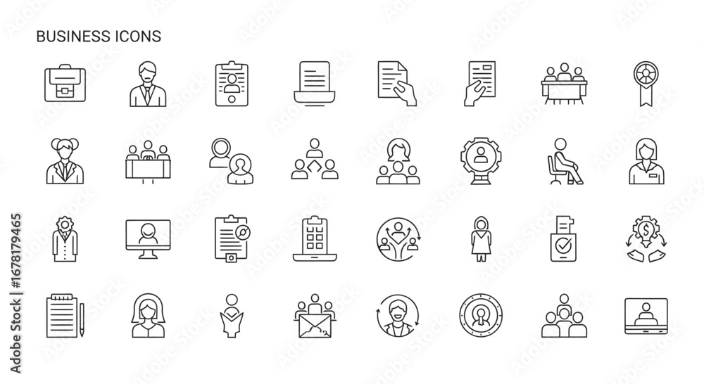 Poster thin line business symbols representing various office activities and employee interactions in a mod