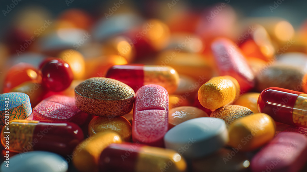 Poster a close up shot displaying a variety of colorful pills and capsules scattered randomly on a surface