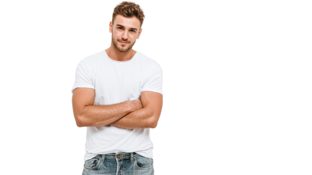 Confident young man with crossed arms posing against a white background.