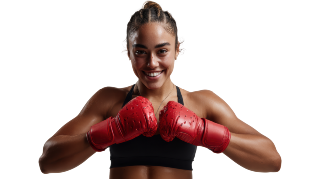 Confident young female boxer wearing red gloves, posing with a smile against white isolate background.