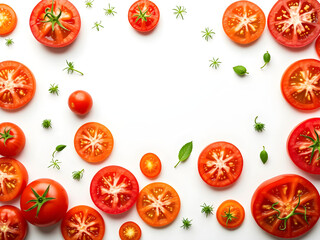 Fototapeta premium A close up of many different colored tomatoes and basil leaves