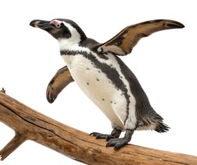 Obraz premium A black and white humboldt penguin stands on a rock, isolated on a white background