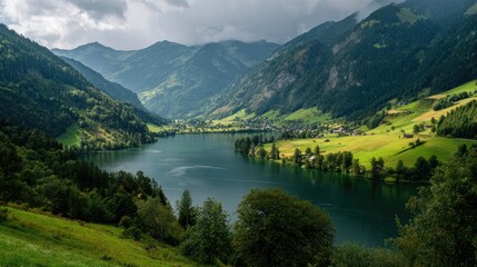 Fototapeta premium Serene alpine lake nestled in valley