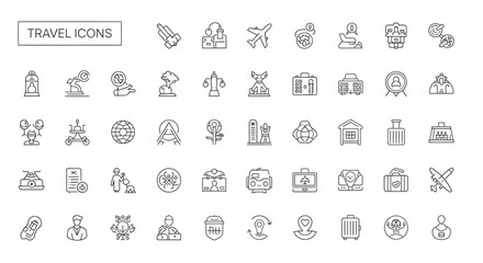 Collection of travel related line art symbols depicting various transportation, landmarks, and activities for vacation planning and tourism promotion.