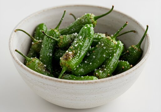 A bowl of crispy fried shishito peppers lightly blistered, sprinkled with sea salt, served in a simple white dish on a white background. - Powered by Adobe