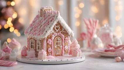 Pink Gingerbread House Decorated for the Holidays.