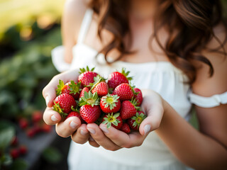 A woman is holding a bunch of strawberries in her hands