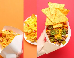 Colorful food presentation of taco-style dishes