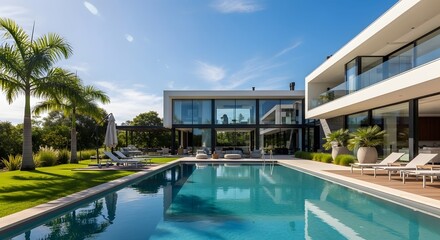 Fototapeta premium Modern Tropical Villa with Pool and Lush Landscaping.