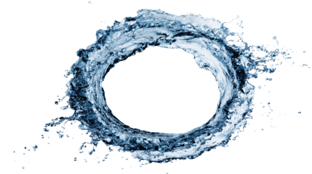 Dynamic splash of water forming a circular shape against a transparent background.