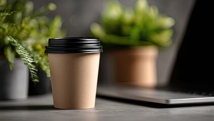 Beige paper coffee cup, black lids, plants, laptop