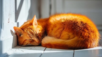 Orange cat sleeping on sunny wooden floor