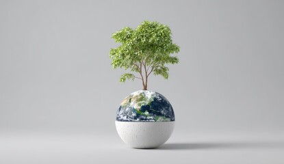 Vibrant green tree growing from planet Earth in a white pot symbolizing ecological growth and sustainability.