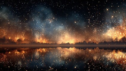 Cosmic landscape reflecting a fiery night sky