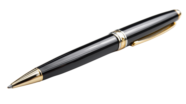 Elegant black pen with gold accents on a white isolated background.