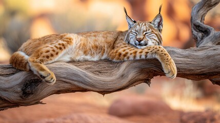 Obraz premium Serene bobcat resting peacefully on a weathered branch amidst arid desert hues