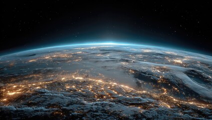 Earth at night, city lights, sunrise.  Vast expanse of space, detailed view of the Earth's surface with numerous city lights, a hint of a sunrise at the horizon