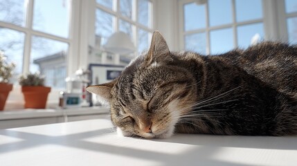 Peaceful tabby cat resting by window