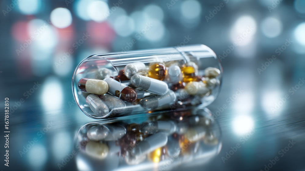 Poster close up of a clear capsule filled with various pills on a reflective surface with bokeh background